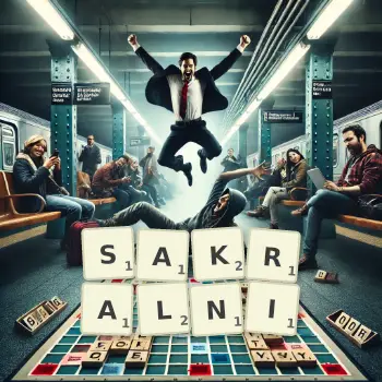 Kreatywna ilustracja do gry w Scrabble ze słowem SAKRALNI ułożonym z płytek na planszy.