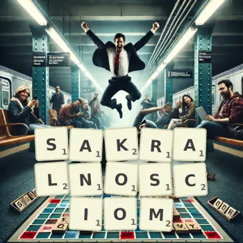 Kreatywna ilustracja do gry w Scrabble ze słowem SAKRALNOSCIOM ułożonym z płytek na planszy.