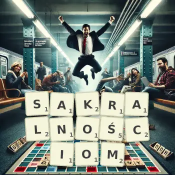 Kreatywna ilustracja do gry w Scrabble ze słowem SAKRALNOŚCIOM ułożonym z płytek na planszy.