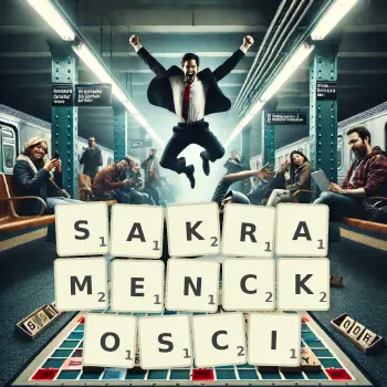 Kreatywna ilustracja do gry w Scrabble ze słowem SAKRAMENCKOSCI ułożonym z płytek na planszy.