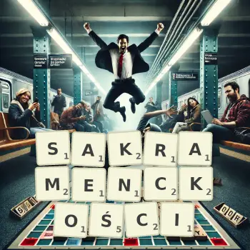 Kreatywna ilustracja do gry w Scrabble ze słowem SAKRAMENCKOŚCI ułożonym z płytek na planszy.