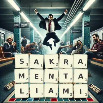 Kreatywna ilustracja do gry w Scrabble ze słowem SAKRAMENTALIAMI ułożonym z płytek na planszy.