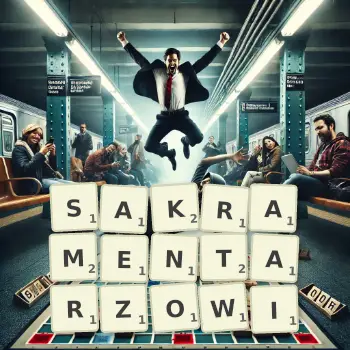 Kreatywna ilustracja do gry w Scrabble ze słowem SAKRAMENTARZOWI ułożonym z płytek na planszy.