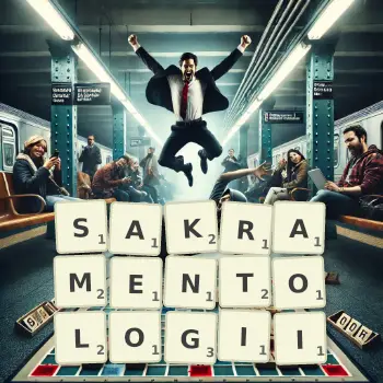 Kreatywna ilustracja do gry w Scrabble ze słowem SAKRAMENTOLOGII ułożonym z płytek na planszy.