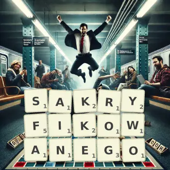 Kreatywna ilustracja do gry w Scrabble ze słowem SAKRYFIKOWANEGO ułożonym z płytek na planszy.