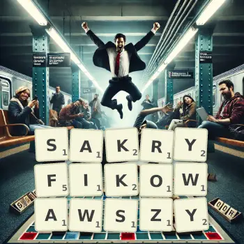 Kreatywna ilustracja do gry w Scrabble ze słowem SAKRYFIKOWAWSZY ułożonym z płytek na planszy.