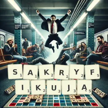 Kreatywna ilustracja do gry w Scrabble ze słowem SAKRYFIKUJĄ ułożonym z płytek na planszy.