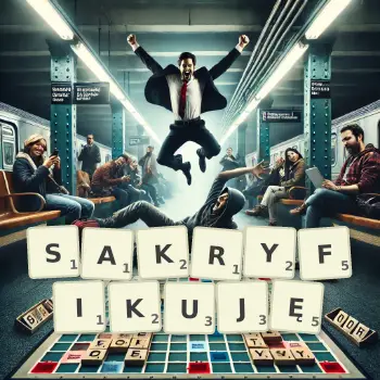 Kreatywna ilustracja do gry w Scrabble ze słowem SAKRYFIKUJĘ ułożonym z płytek na planszy.