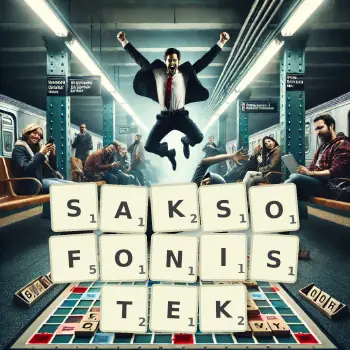 Kreatywna ilustracja do gry w Scrabble ze słowem SAKSOFONISTEK ułożonym z płytek na planszy.