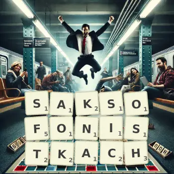 Kreatywna ilustracja do gry w Scrabble ze słowem SAKSOFONISTKACH ułożonym z płytek na planszy.