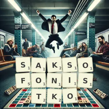 Kreatywna ilustracja do gry w Scrabble ze słowem SAKSOFONISTKO ułożonym z płytek na planszy.