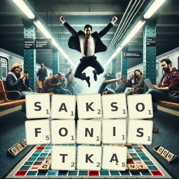 Kreatywna ilustracja do gry w Scrabble ze słowem SAKSOFONISTKĄ ułożonym z płytek na planszy.