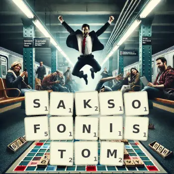 Kreatywna ilustracja do gry w Scrabble ze słowem SAKSOFONISTOM ułożonym z płytek na planszy.