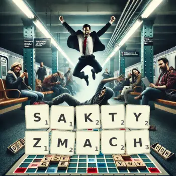 Kreatywna ilustracja do gry w Scrabble ze słowem SAKTYZMACH ułożonym z płytek na planszy.