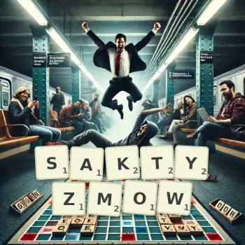 Kreatywna ilustracja do gry w Scrabble ze słowem SAKTYZMOW ułożonym z płytek na planszy.