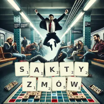 Kreatywna ilustracja do gry w Scrabble ze słowem SAKTYZMÓW ułożonym z płytek na planszy.