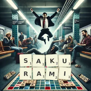 Kreatywna ilustracja do gry w Scrabble ze słowem SAKURAMI ułożonym z płytek na planszy.