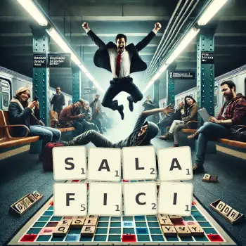 Kreatywna ilustracja do gry w Scrabble ze słowem SALAFICI ułożonym z płytek na planszy.