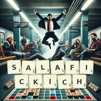 Kreatywna ilustracja do gry w Scrabble ze słowem SALAFICKICH ułożonym z płytek na planszy.