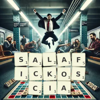 Kreatywna ilustracja do gry w Scrabble ze słowem SALAFICKOSCIA ułożonym z płytek na planszy.