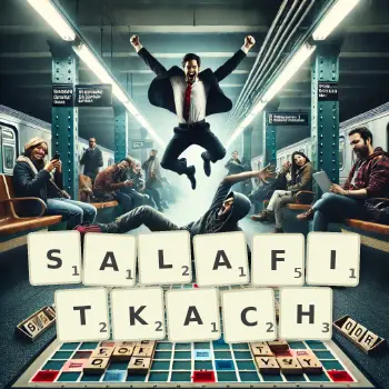 Kreatywna ilustracja do gry w Scrabble ze słowem SALAFITKACH ułożonym z płytek na planszy.