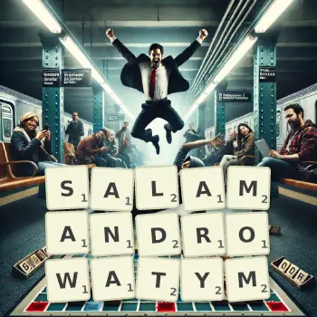 Kreatywna ilustracja do gry w Scrabble ze słowem SALAMANDROWATYM ułożonym z płytek na planszy.