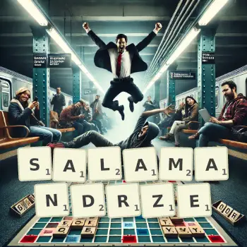 Kreatywna ilustracja do gry w Scrabble ze słowem SALAMANDRZE ułożonym z płytek na planszy.