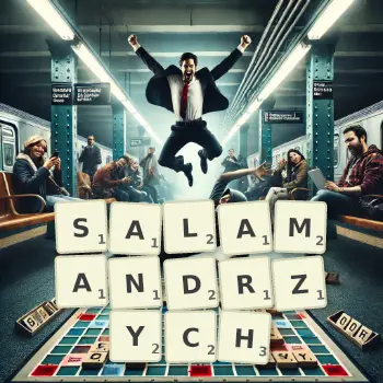 Kreatywna ilustracja do gry w Scrabble ze słowem SALAMANDRZYCH ułożonym z płytek na planszy.