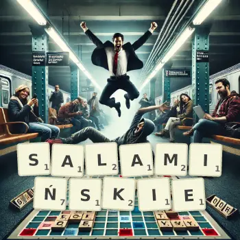 Kreatywna ilustracja do gry w Scrabble ze słowem SALAMIŃSKIE ułożonym z płytek na planszy.