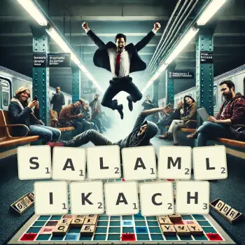 Kreatywna ilustracja do gry w Scrabble ze słowem SALAMLIKACH ułożonym z płytek na planszy.