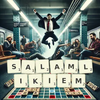 Kreatywna ilustracja do gry w Scrabble ze słowem SALAMLIKIEM ułożonym z płytek na planszy.