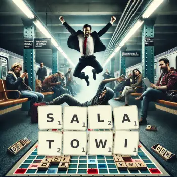 Kreatywna ilustracja do gry w Scrabble ze słowem SALATOWI ułożonym z płytek na planszy.