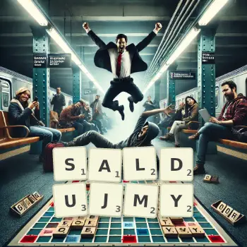 Kreatywna ilustracja do gry w Scrabble ze słowem SALDUJMY ułożonym z płytek na planszy.