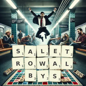 Kreatywna ilustracja do gry w Scrabble ze słowem SALETROWALBYS ułożonym z płytek na planszy.