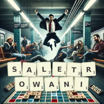 Kreatywna ilustracja do gry w Scrabble ze słowem SALETROWANI ułożonym z płytek na planszy.