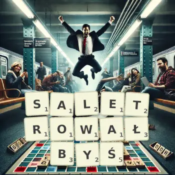 Kreatywna ilustracja do gry w Scrabble ze słowem SALETROWAŁBYŚ ułożonym z płytek na planszy.
