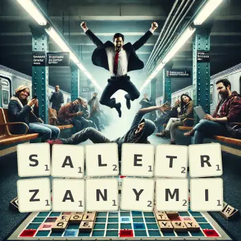 Kreatywna ilustracja do gry w Scrabble ze słowem SALETRZANYMI ułożonym z płytek na planszy.