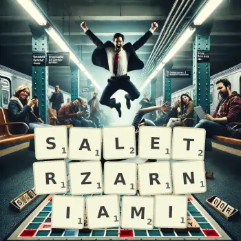 Kreatywna ilustracja do gry w Scrabble ze słowem SALETRZARNIAMI ułożonym z płytek na planszy.