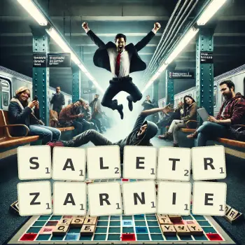 Kreatywna ilustracja do gry w Scrabble ze słowem SALETRZARNIE ułożonym z płytek na planszy.