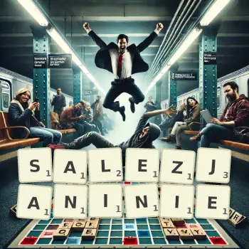 Kreatywna ilustracja do gry w Scrabble ze słowem SALEZJANINIE ułożonym z płytek na planszy.