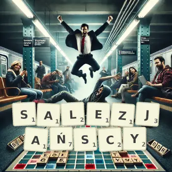 Kreatywna ilustracja do gry w Scrabble ze słowem SALEZJAŃSCY ułożonym z płytek na planszy.