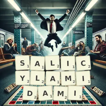 Kreatywna ilustracja do gry w Scrabble ze słowem SALICYLAMIDAMI ułożonym z płytek na planszy.