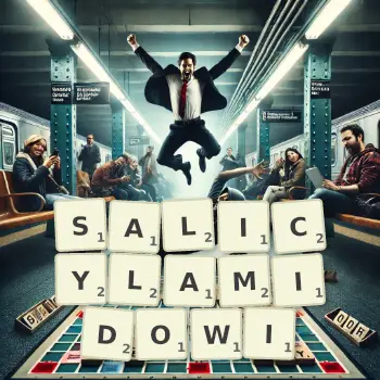 Kreatywna ilustracja do gry w Scrabble ze słowem SALICYLAMIDOWI ułożonym z płytek na planszy.