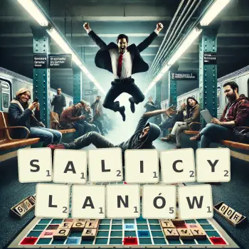 Kreatywna ilustracja do gry w Scrabble ze słowem SALICYLANÓW ułożonym z płytek na planszy.