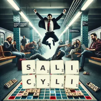 Kreatywna ilustracja do gry w Scrabble ze słowem SALICYLI ułożonym z płytek na planszy.