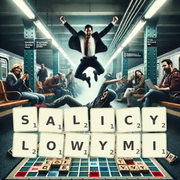 Kreatywna ilustracja do gry w Scrabble ze słowem SALICYLOWYMI ułożonym z płytek na planszy.