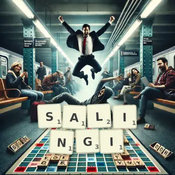 Kreatywna ilustracja do gry w Scrabble ze słowem SALINGI ułożonym z płytek na planszy.