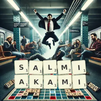 Kreatywna ilustracja do gry w Scrabble ze słowem SALMIAKAMI ułożonym z płytek na planszy.