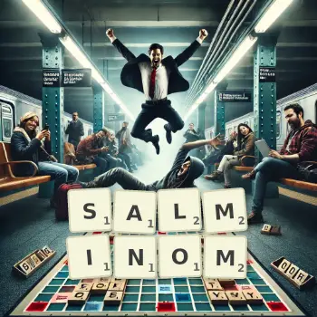 Kreatywna ilustracja do gry w Scrabble ze słowem SALMINOM ułożonym z płytek na planszy.