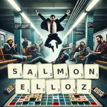 Kreatywna ilustracja do gry w Scrabble ze słowem SALMONELLOZ ułożonym z płytek na planszy.